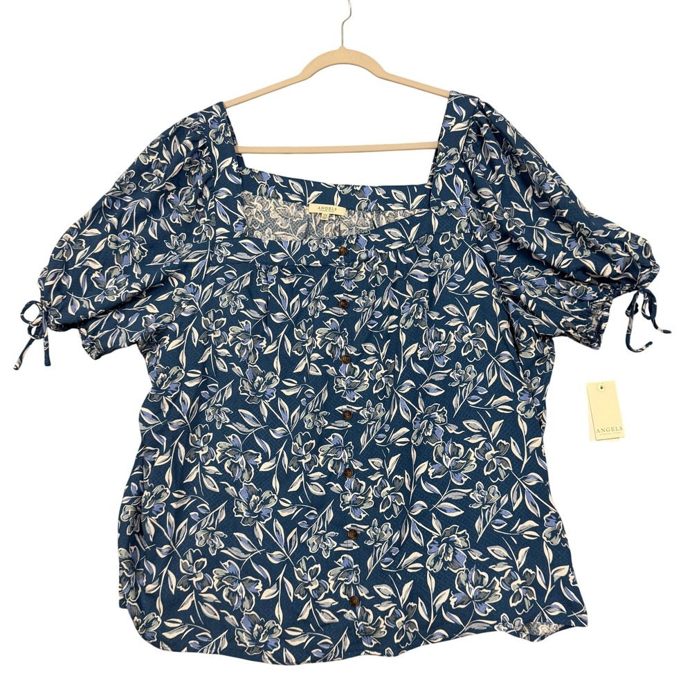 Angels Forever Young Blouse Womens 3X Blue Floral Square Neck Puff Sleeve NWT